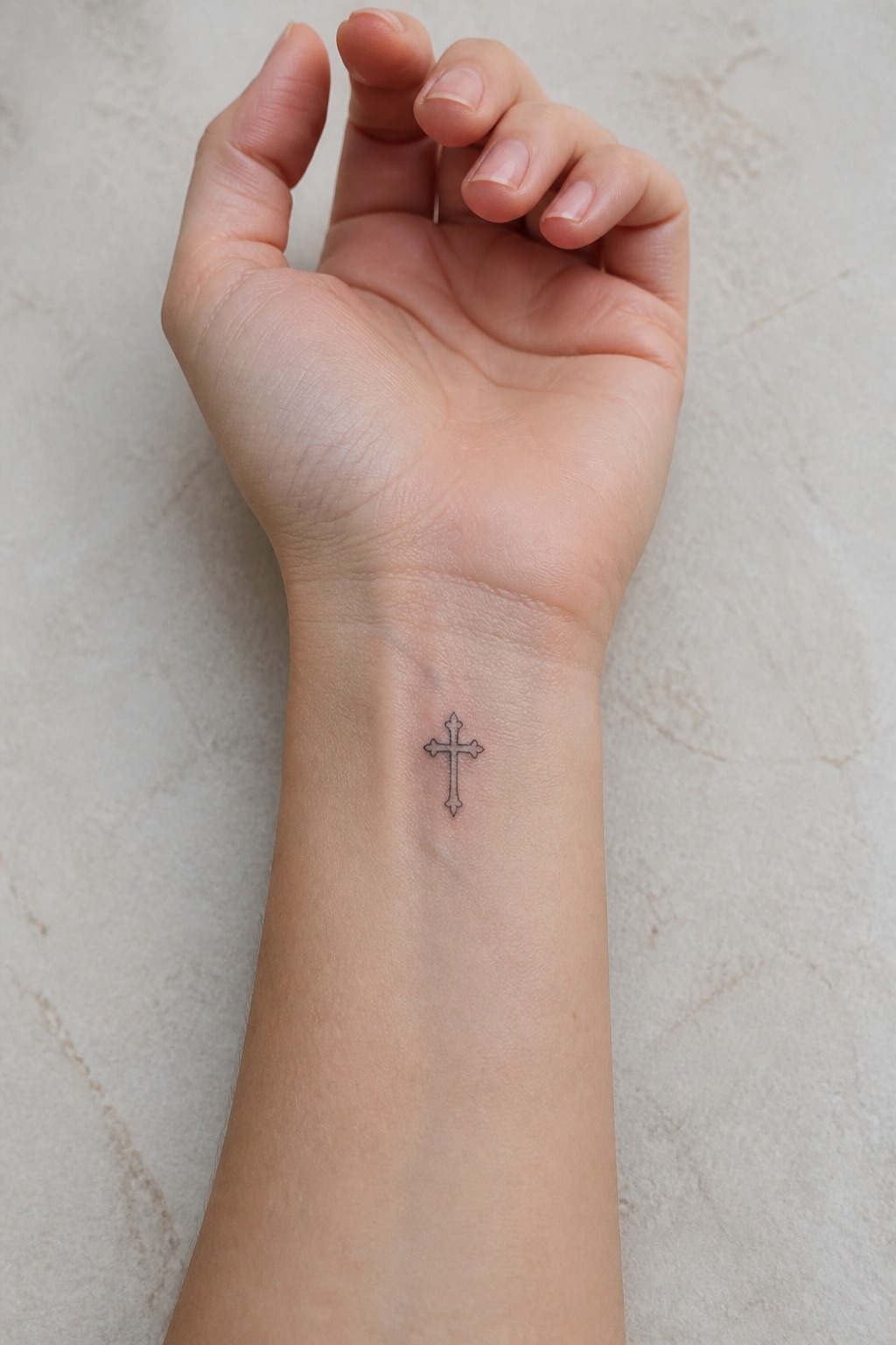 Fine line micro gothic cross inner wrist tattoo