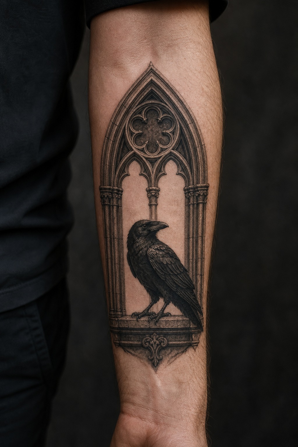 Gothic window framing a perched raven forearm tattoo