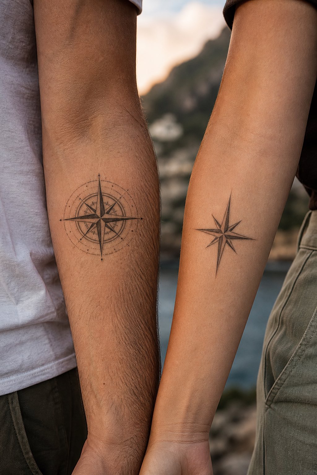 Matching compass and North Star nautical couple tattoos