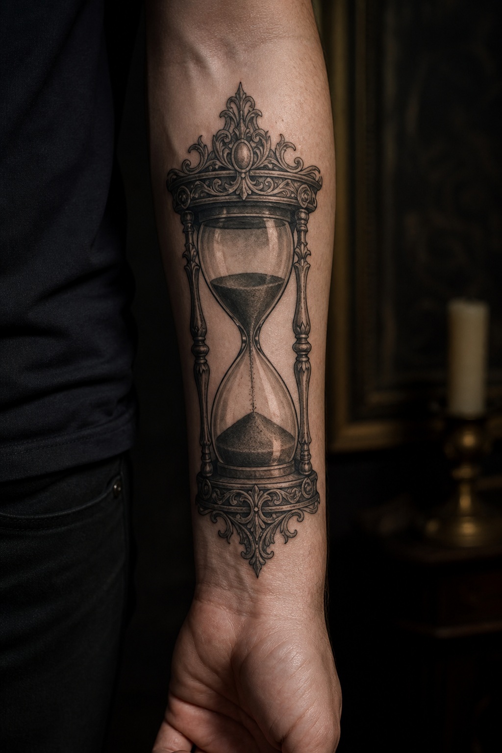 Ornate Victorian hourglass sand timer forearm tattoo