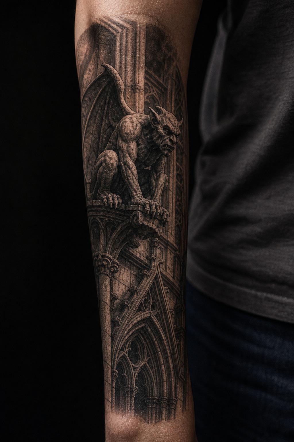 Perched stone gargoyle balcony sleeve tattoo