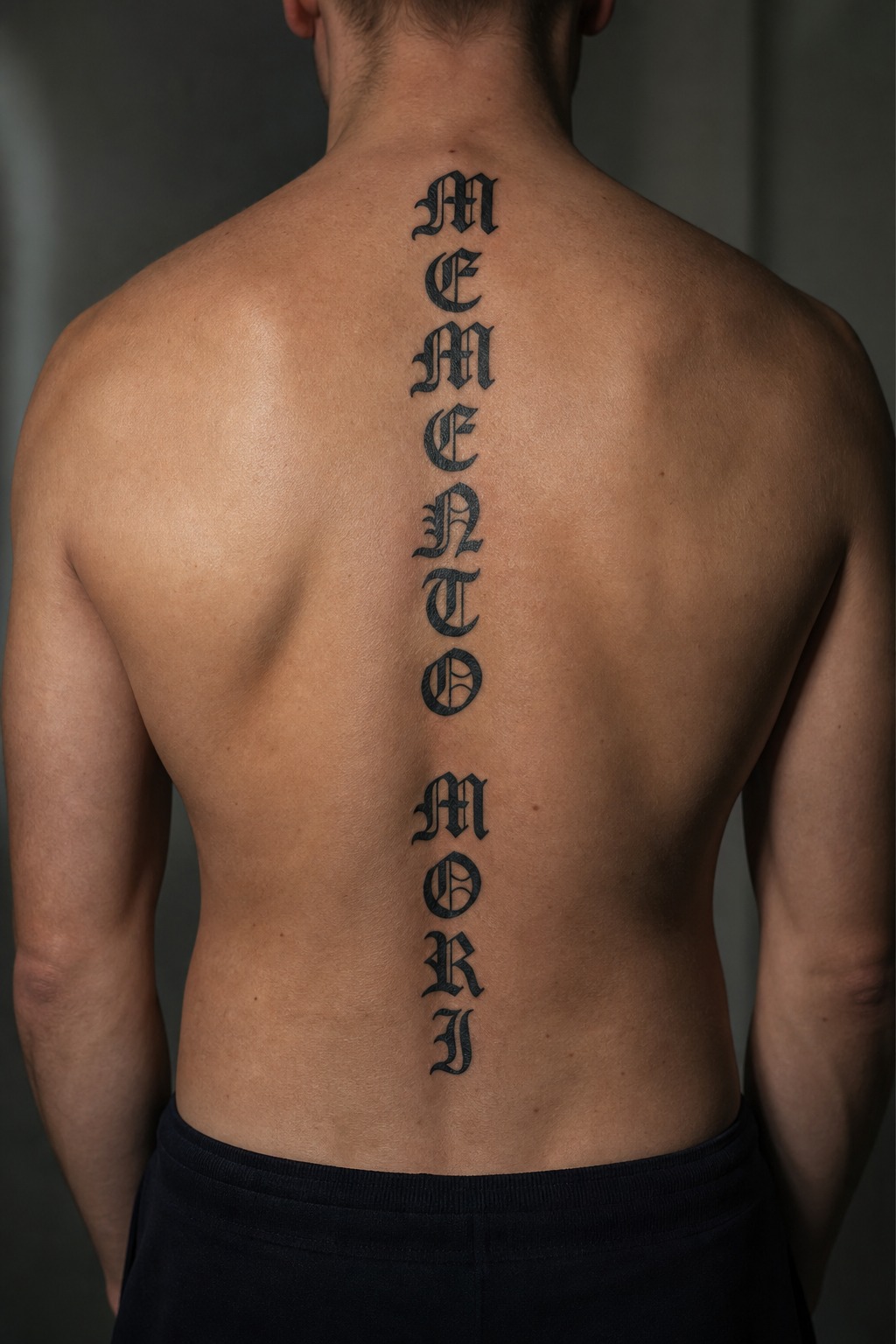 Vertical gothic lettering spine column tattoo for men
