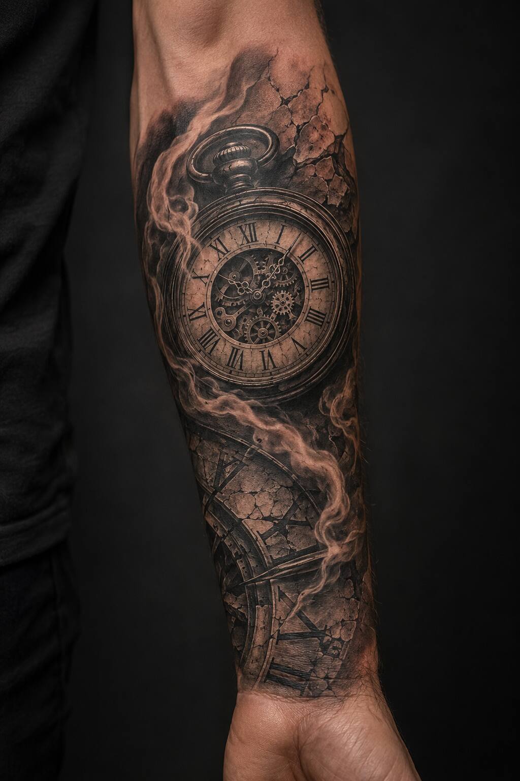 Vintage clock and Roman numeral forearm sleeve tattoo for men