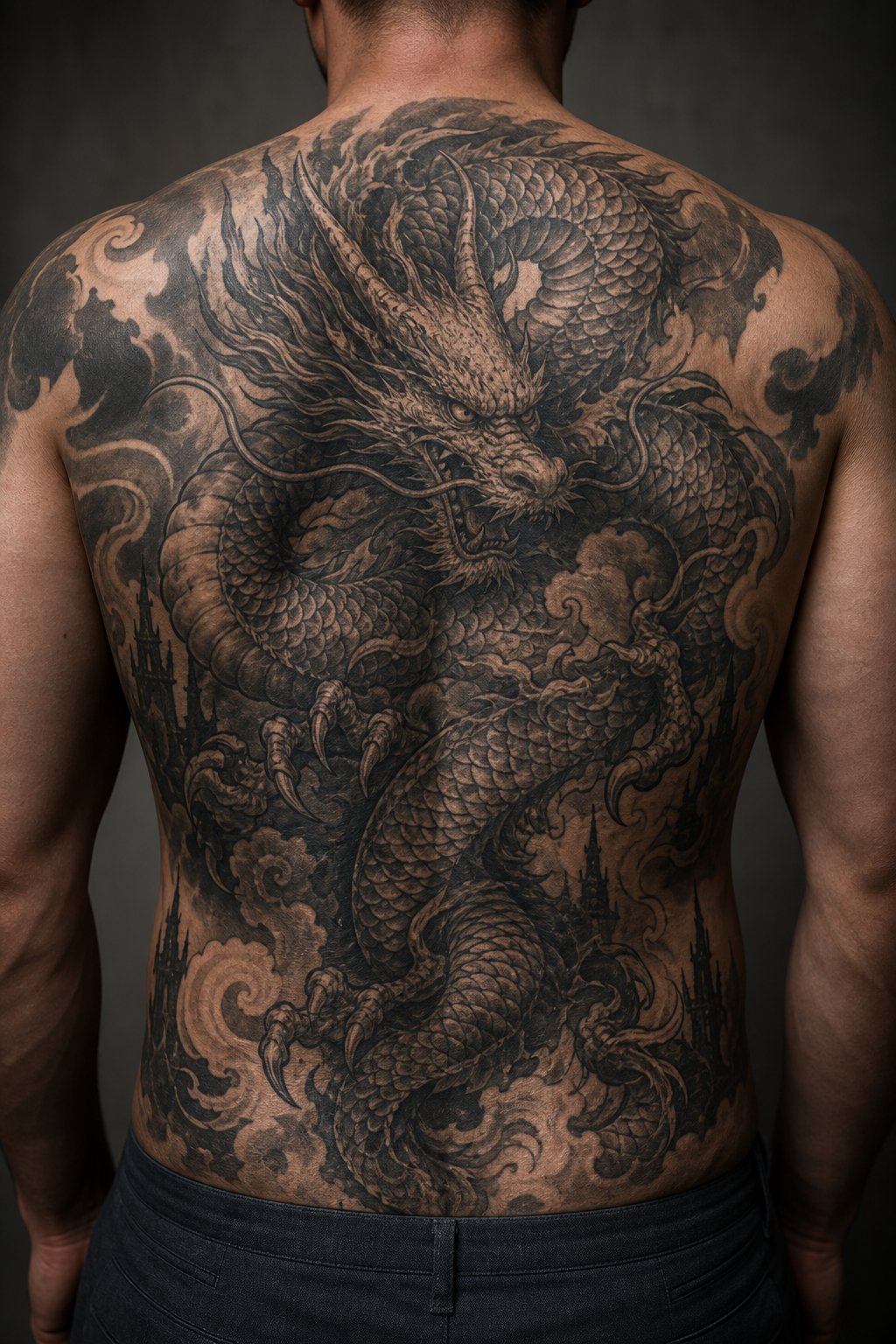 Full back gothic Japanese dragon tattoo for men