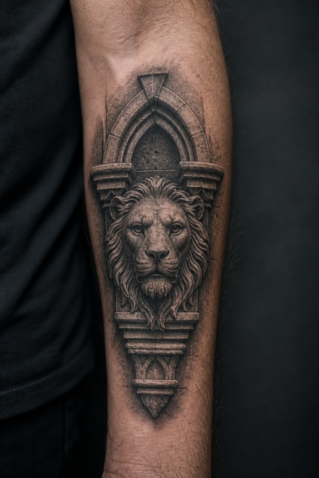 Gothic corbel lion head forearm tattoo