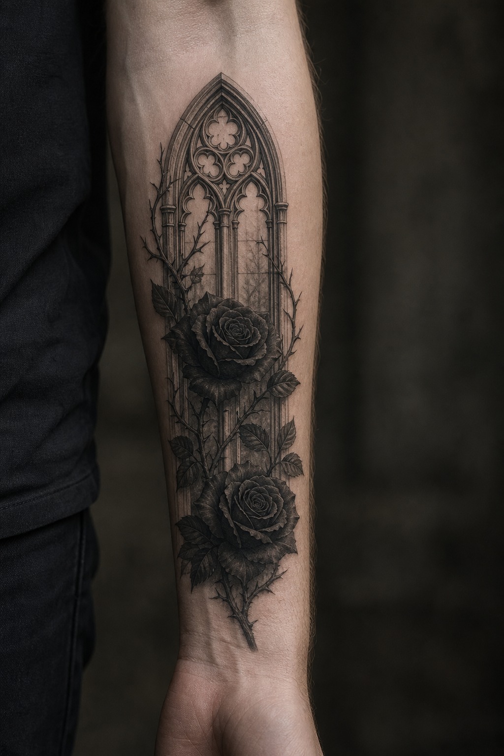 Gothic window with blooming black roses tattoo
