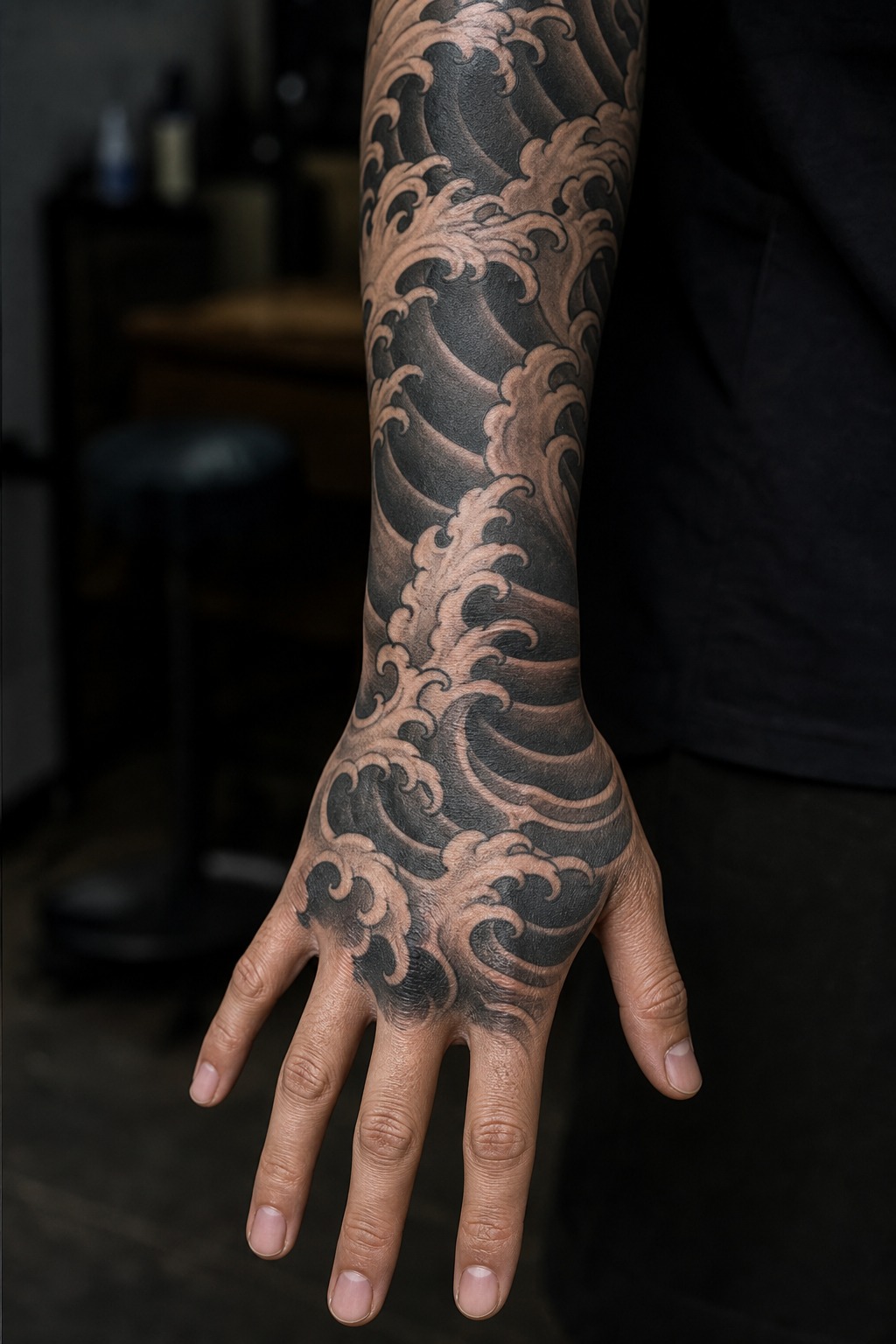 Japanese Irezumi wave hand wrap tattoo