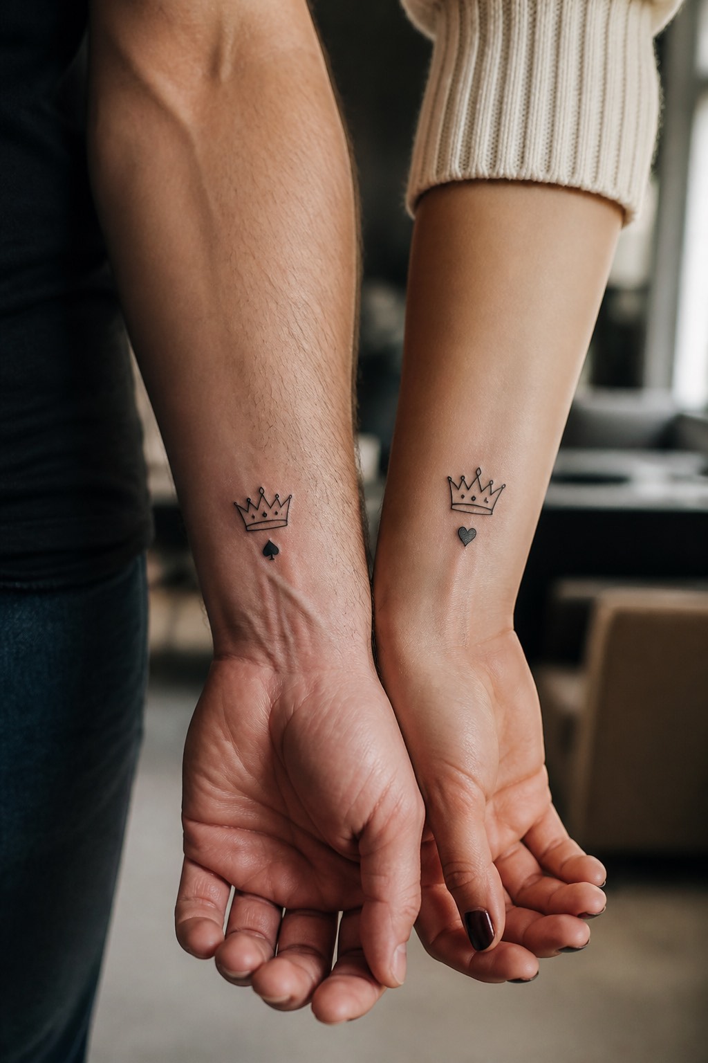 King and Queen playing card crown his and hers tattoos