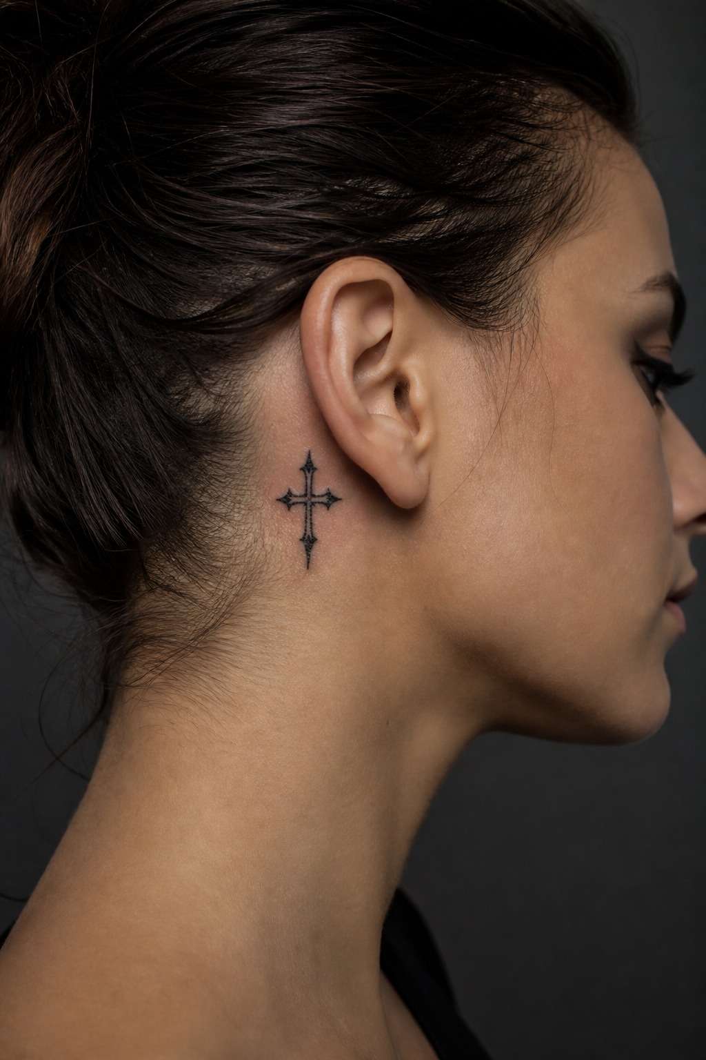 Minimalist spiked gothic cross behind the ear tattoo