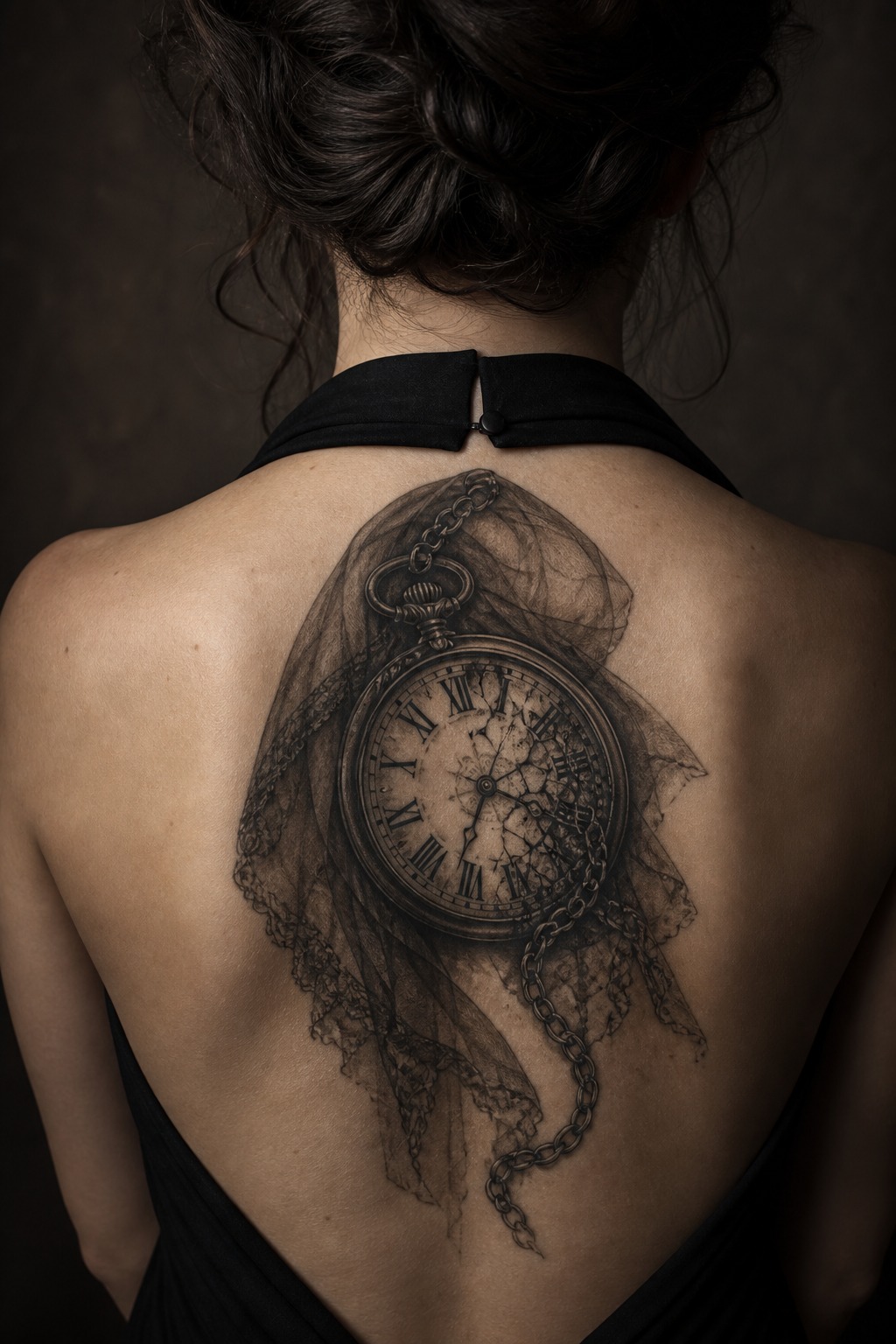 Crumbling pocket watch and mourning veil back tattoo