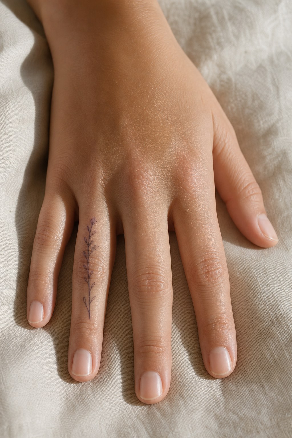 Single line birth flower finger accent tattoo for women