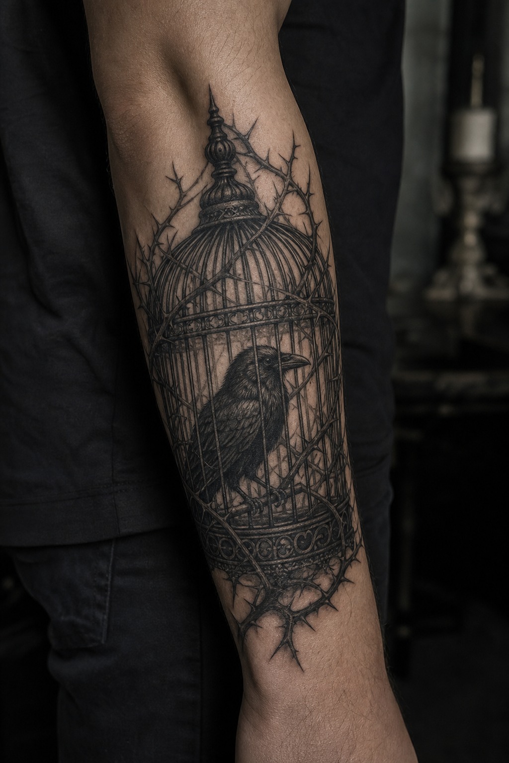 Thorny iron cage enclosing a raven tattoo