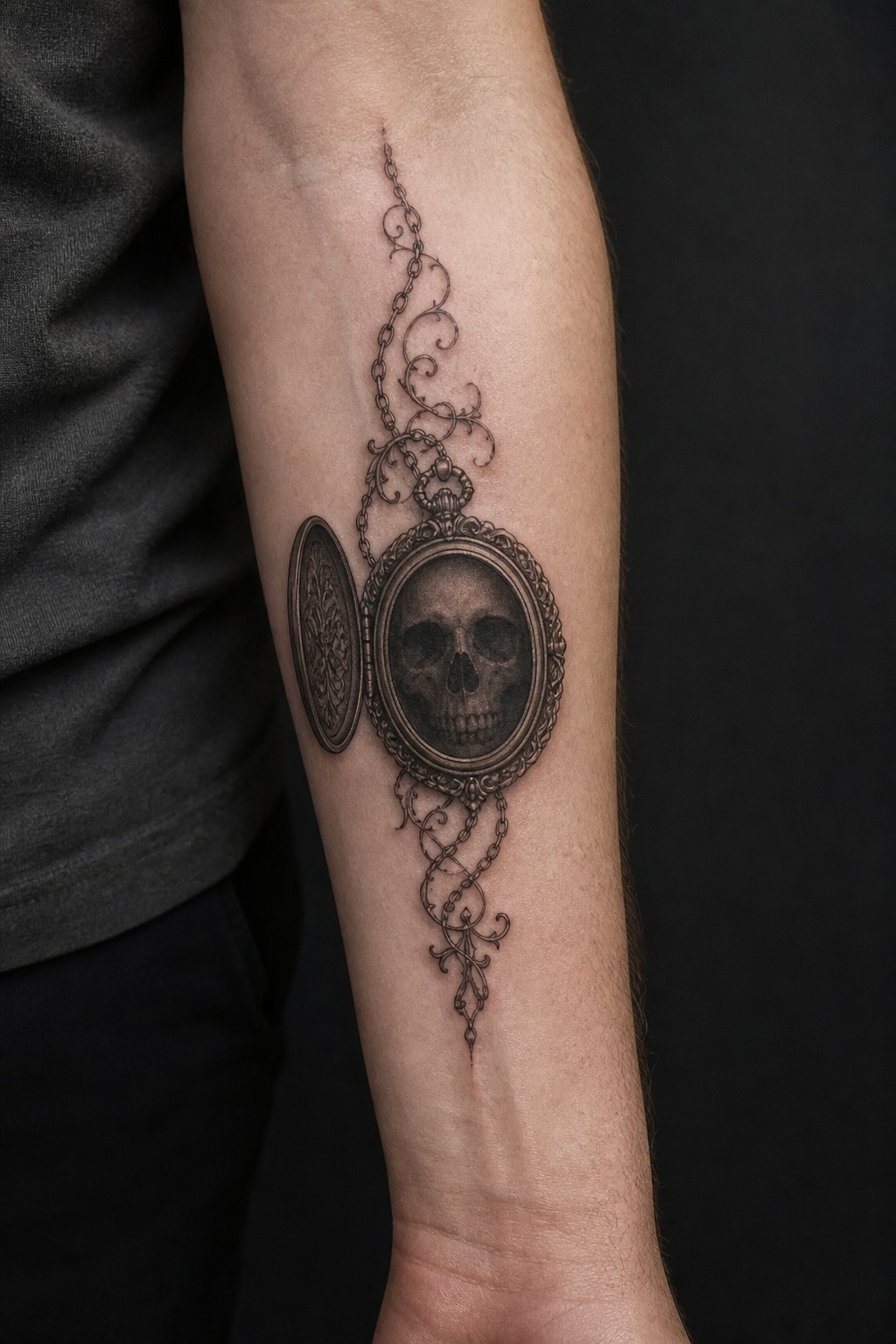 Antique locket with hidden skull face tattoo