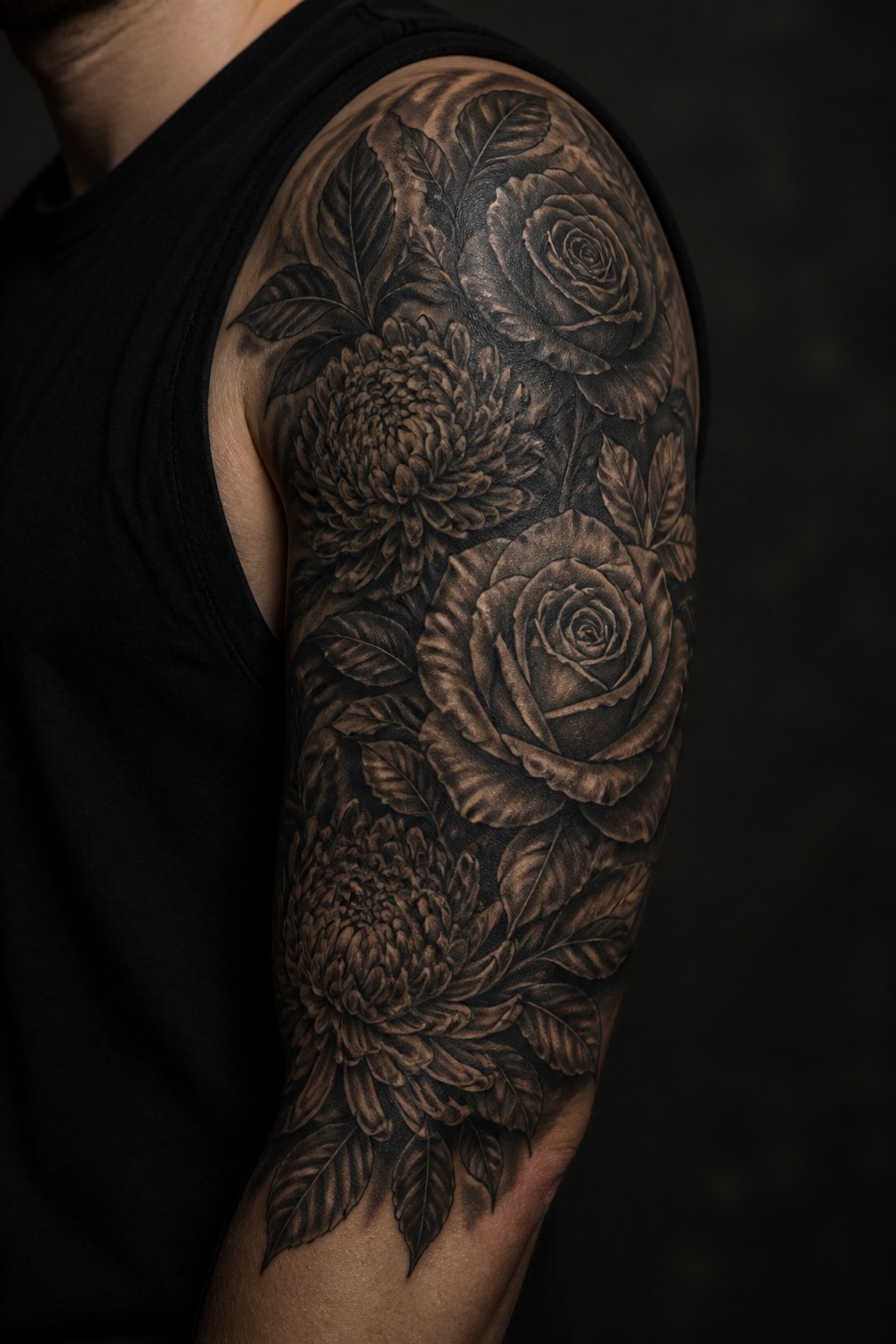 Botanical floral bicep sleeve tattoo for men