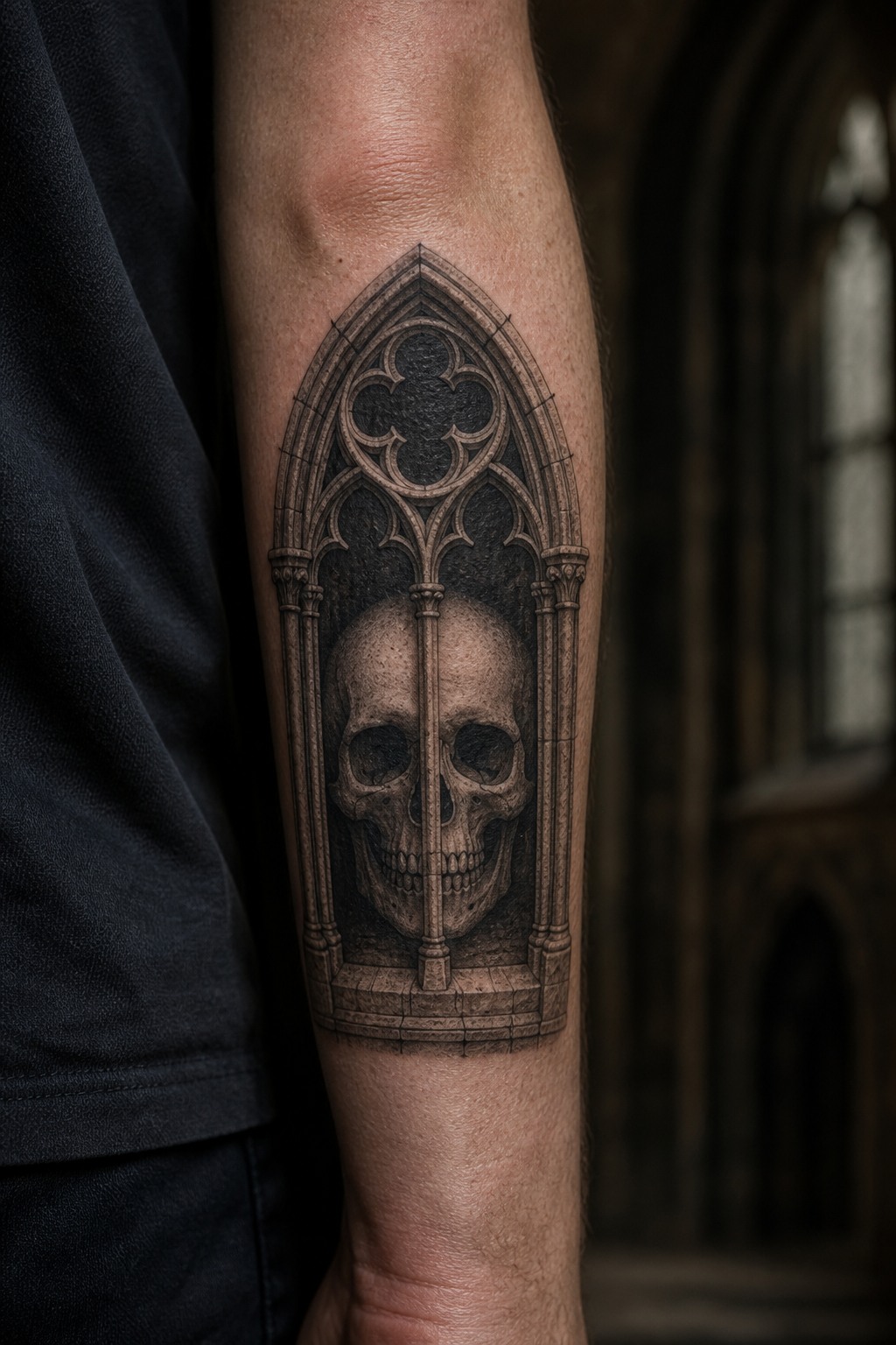Gothic window framing a memento mori skull tattoo