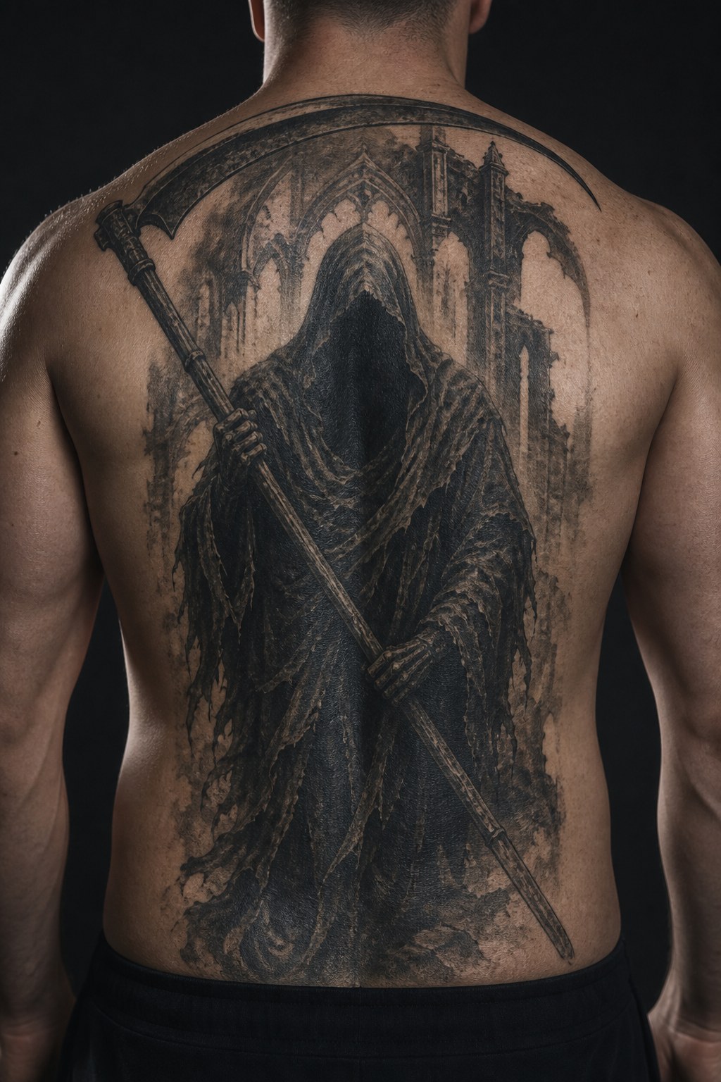 Grim Reaper memento mori back tattoo for men