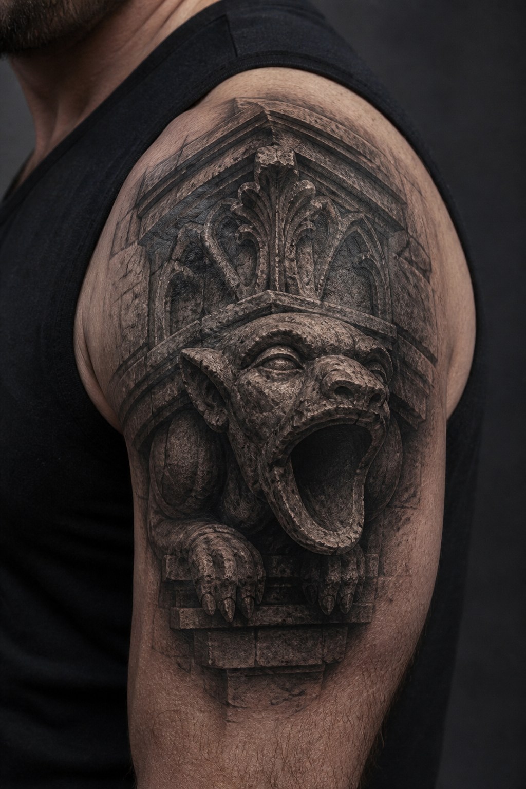 Grotesque rain spout shoulder tattoo