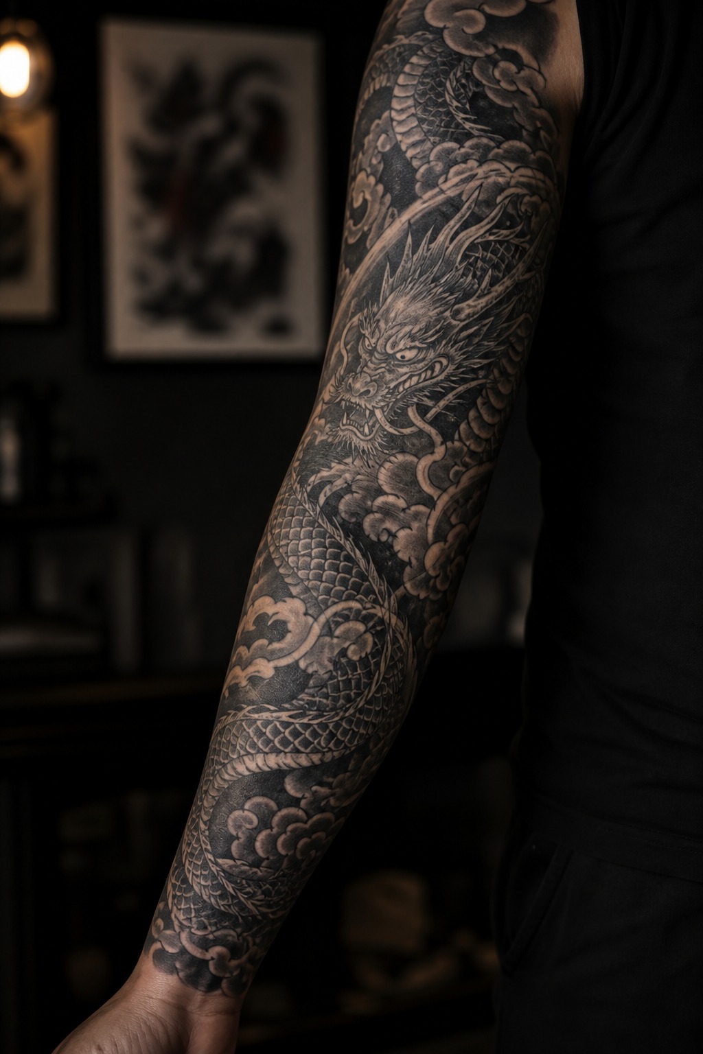 Japanese Irezumi dragon and cloud wrap forearm sleeve tattoo