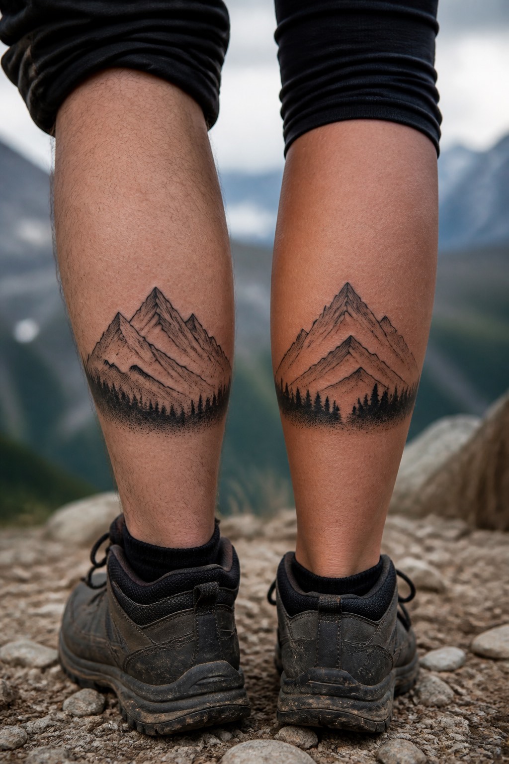 Matching blackwork mountain peak unique couple tattoos