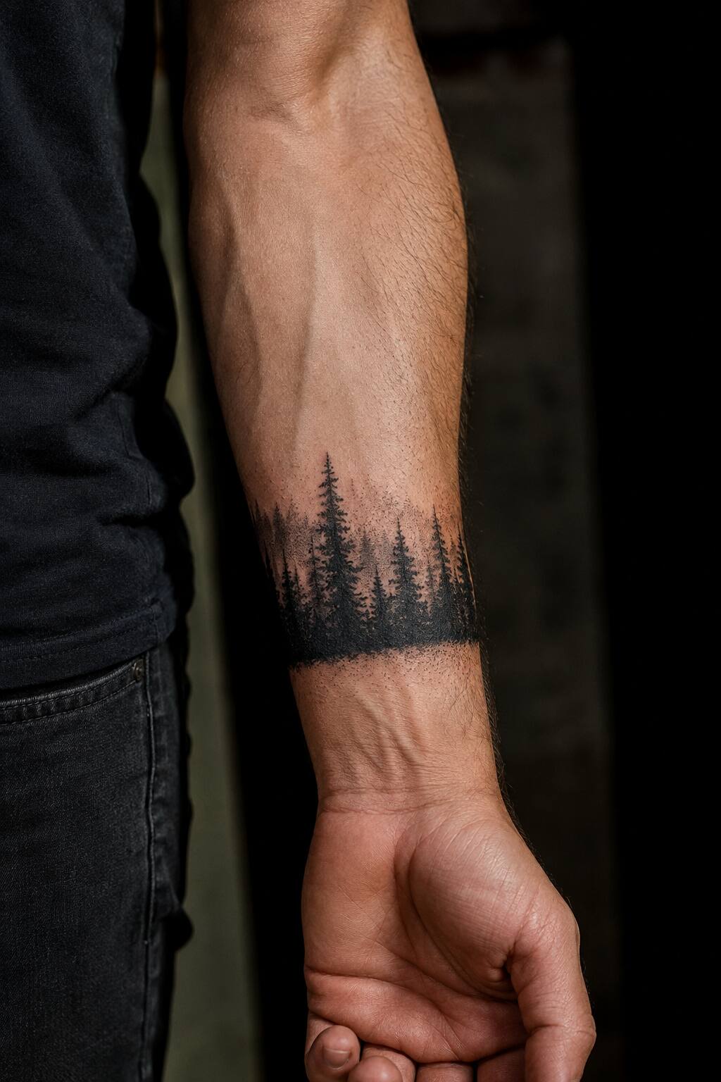 Pine tree forest horizon wrap forearm tattoo for men