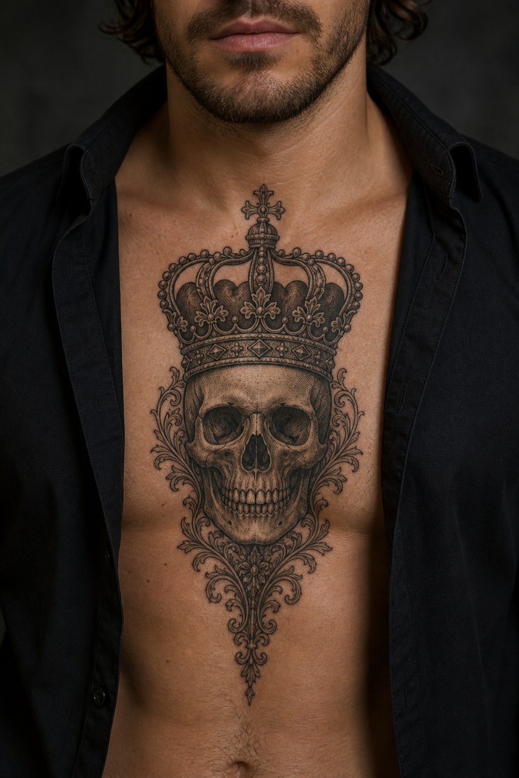 Victorian crown and skull centerpiece tattoo