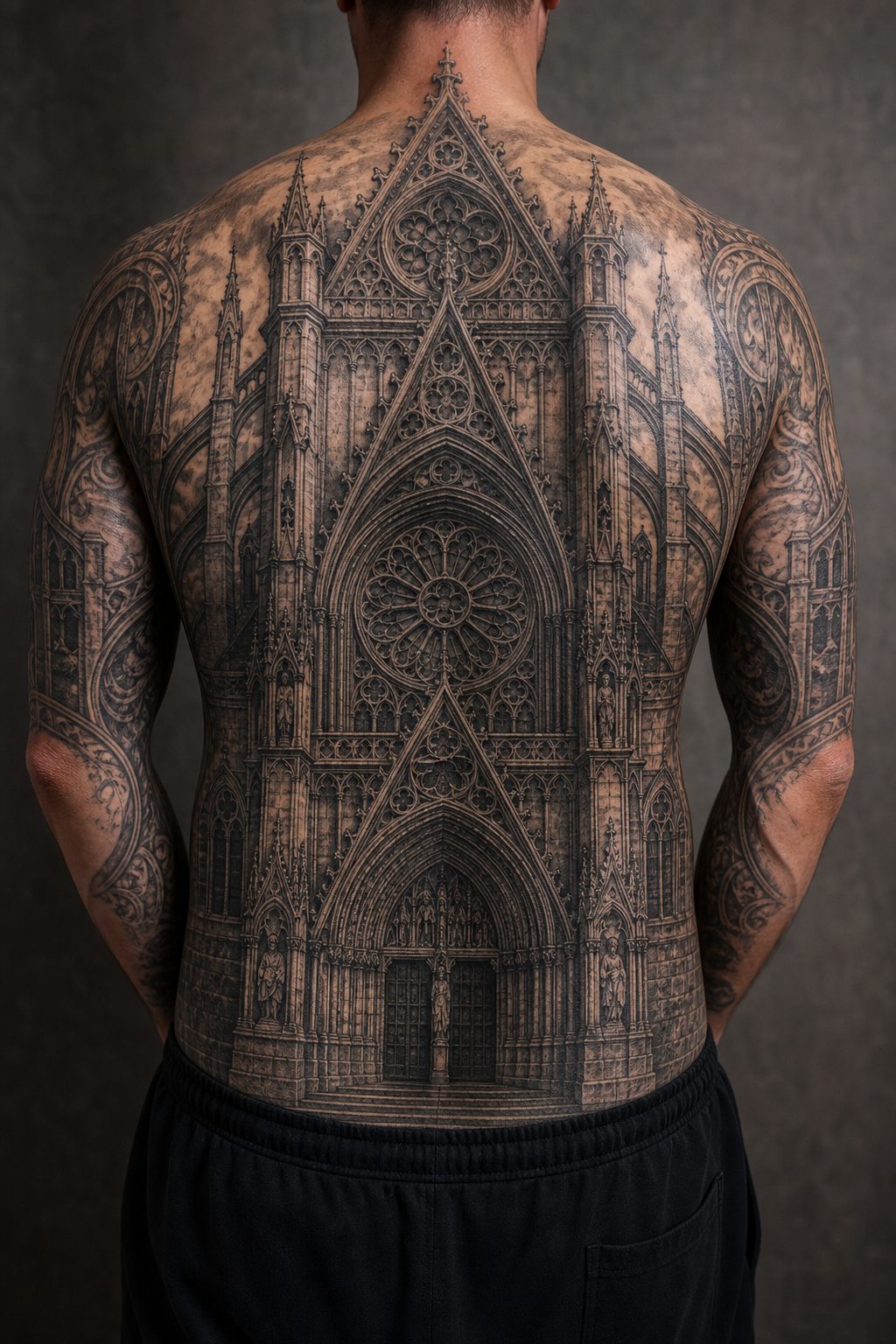 Gothic cathedral facade full back tattoo for men