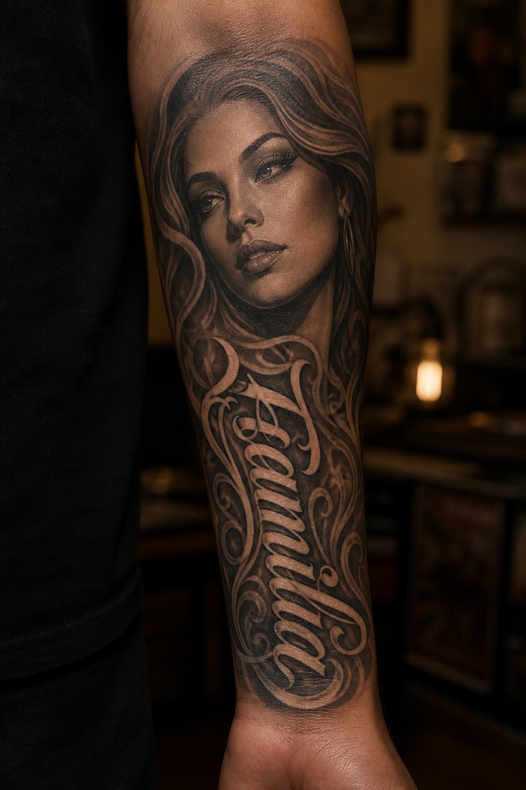 Chicano style portrait and script forearm sleeve tattoo