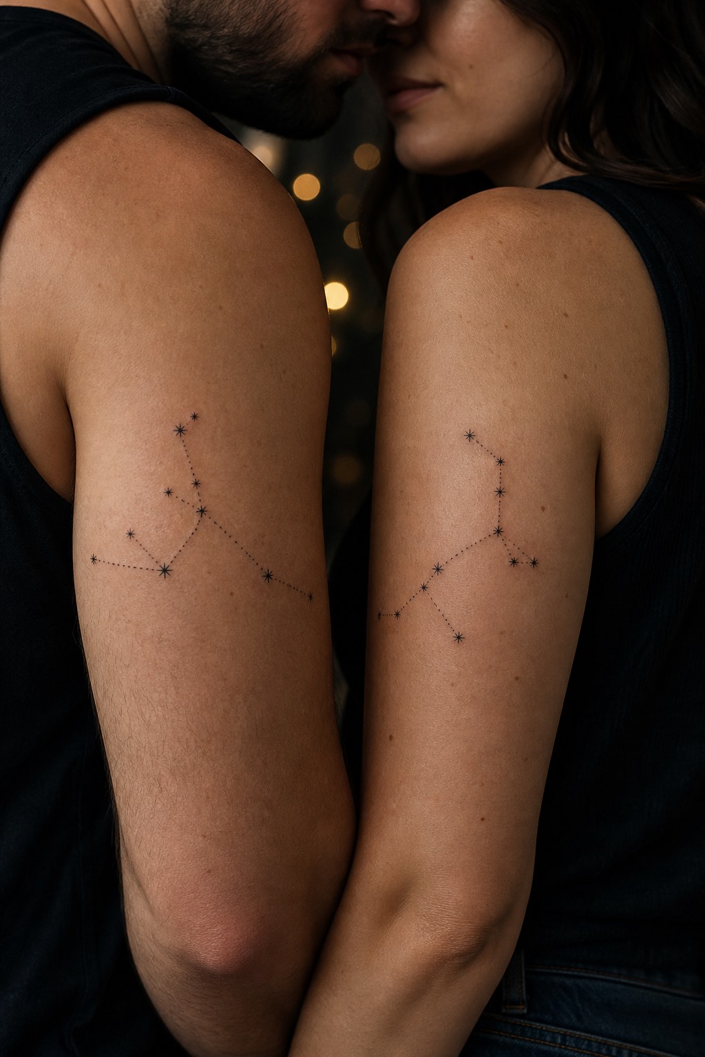 Fine line constellation map married couple tattoos