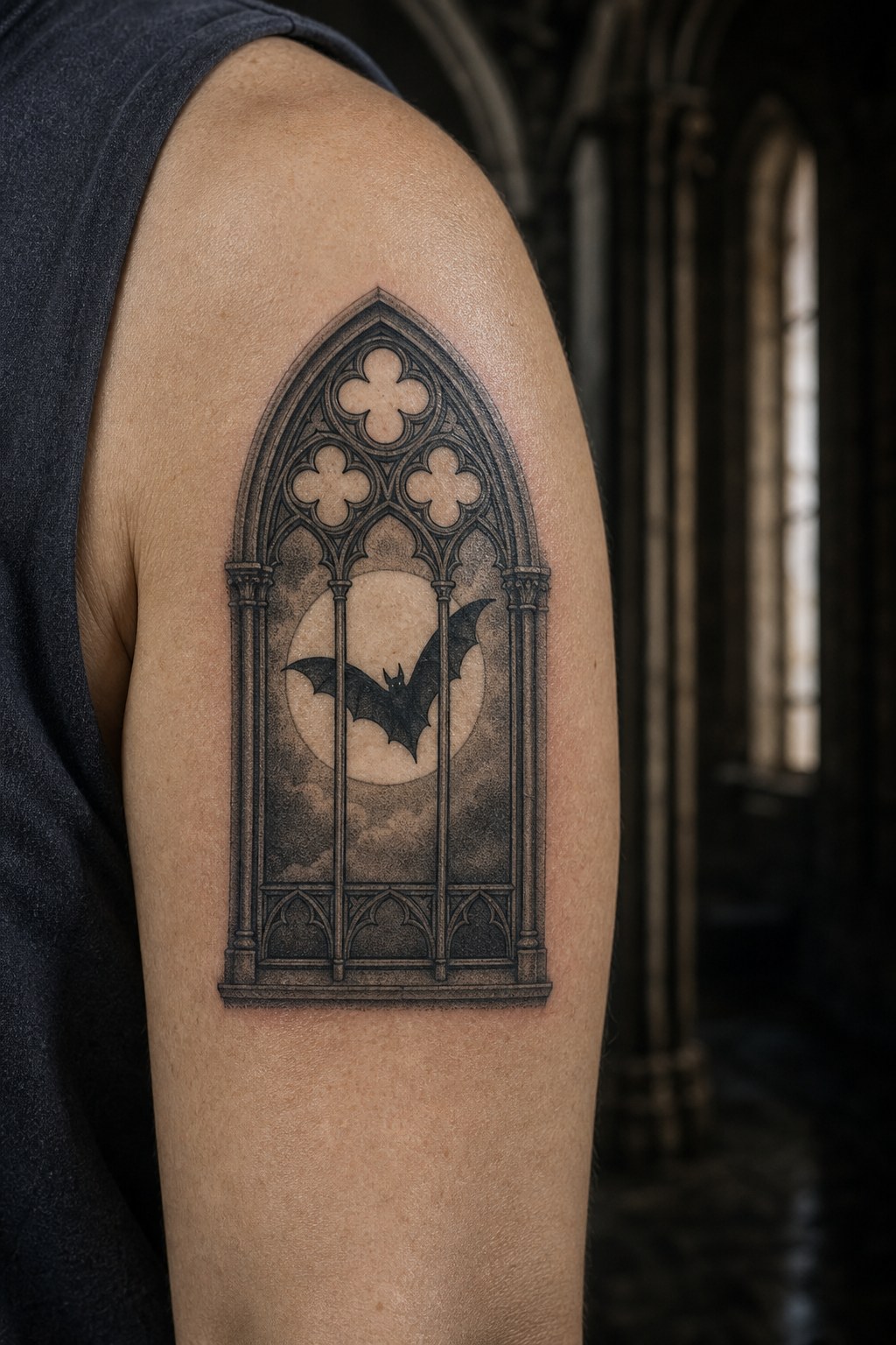 Gothic window framing a flying bat silhouette tattoo