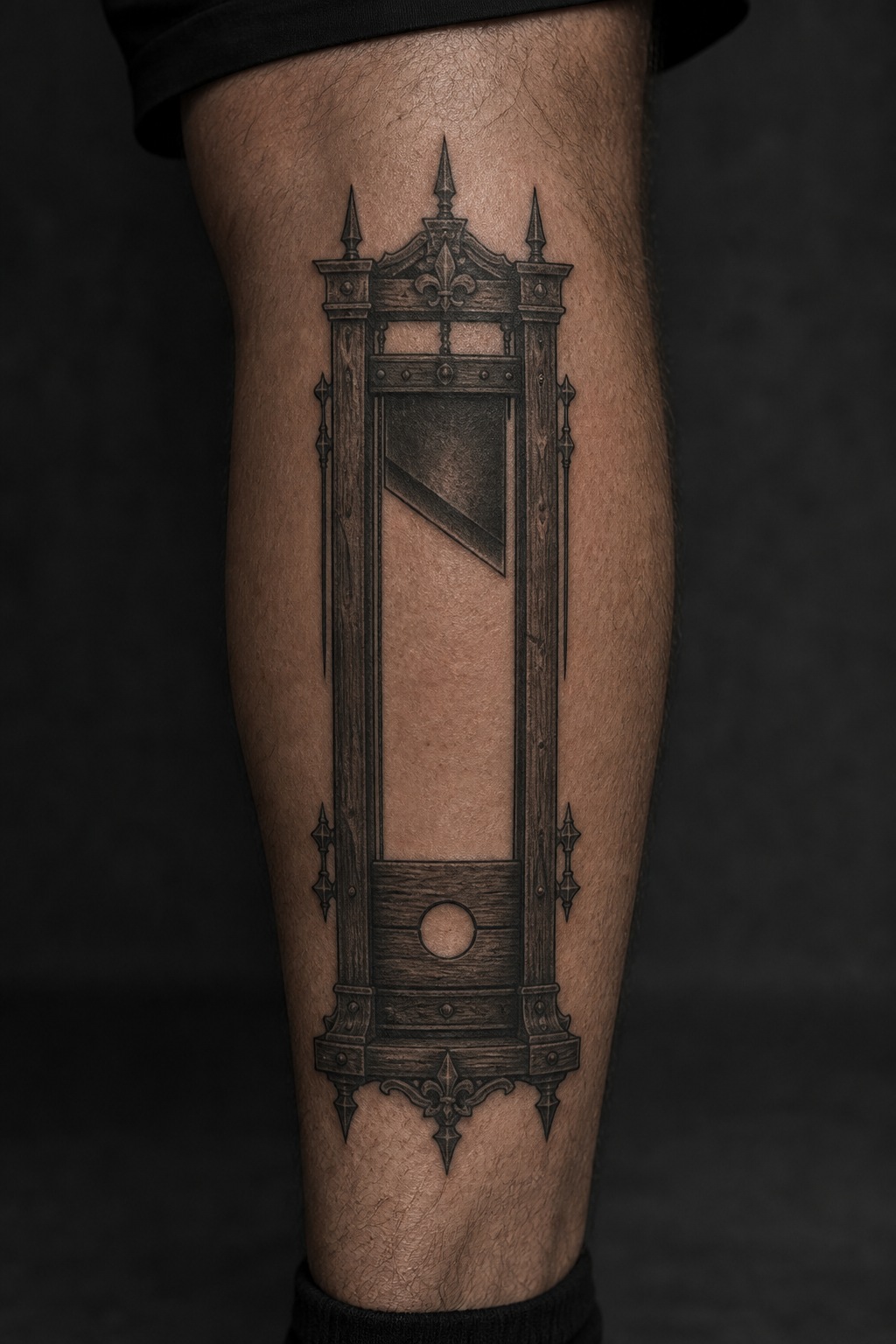 Spiked iron guillotine blade leg tattoo