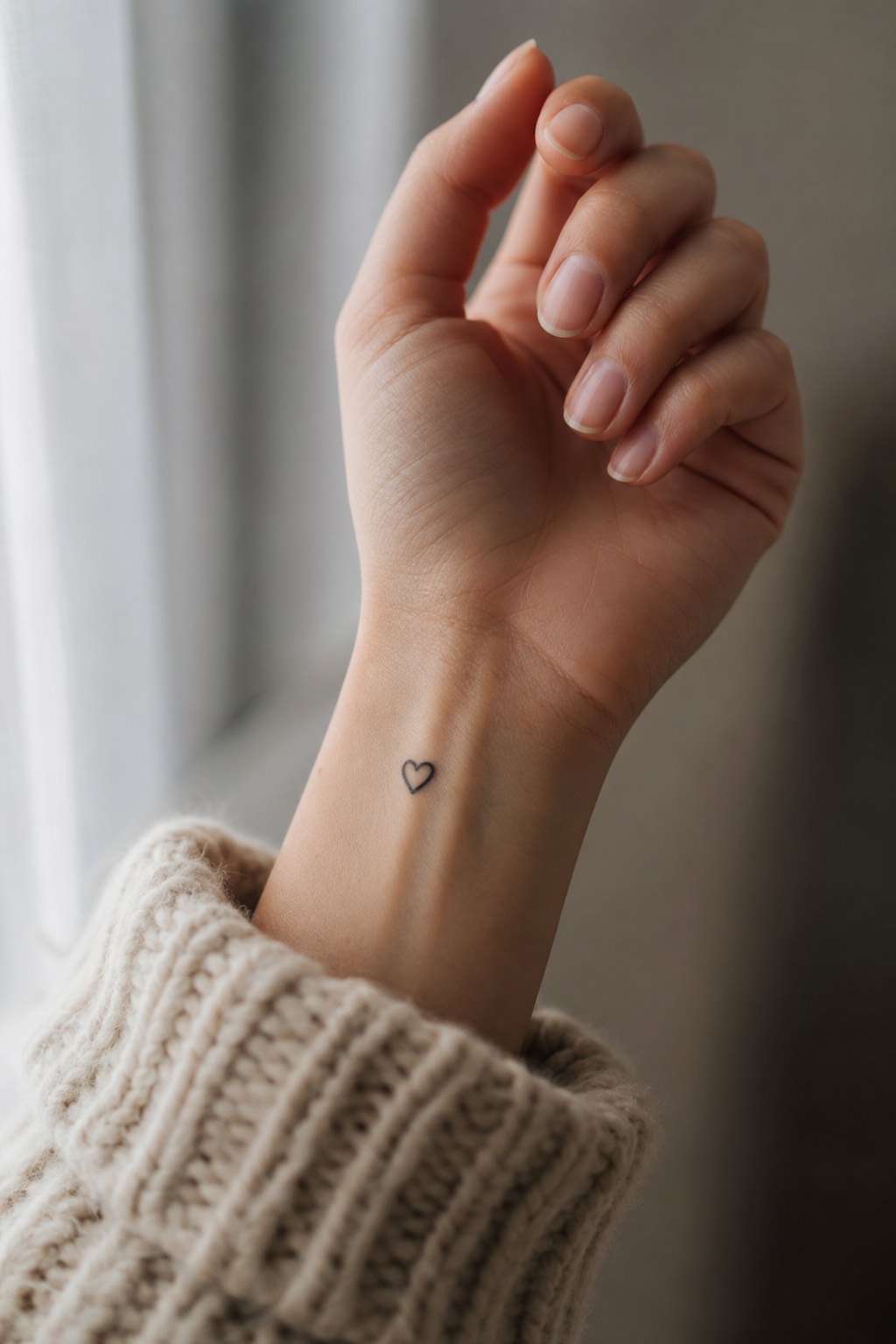 Tiny heart outline wrist tattoo for women