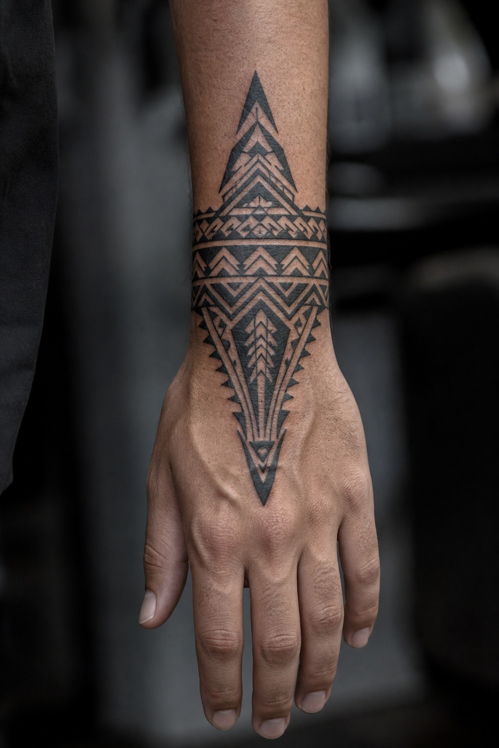 Tribal geometric Polynesian hand cuff tattoo