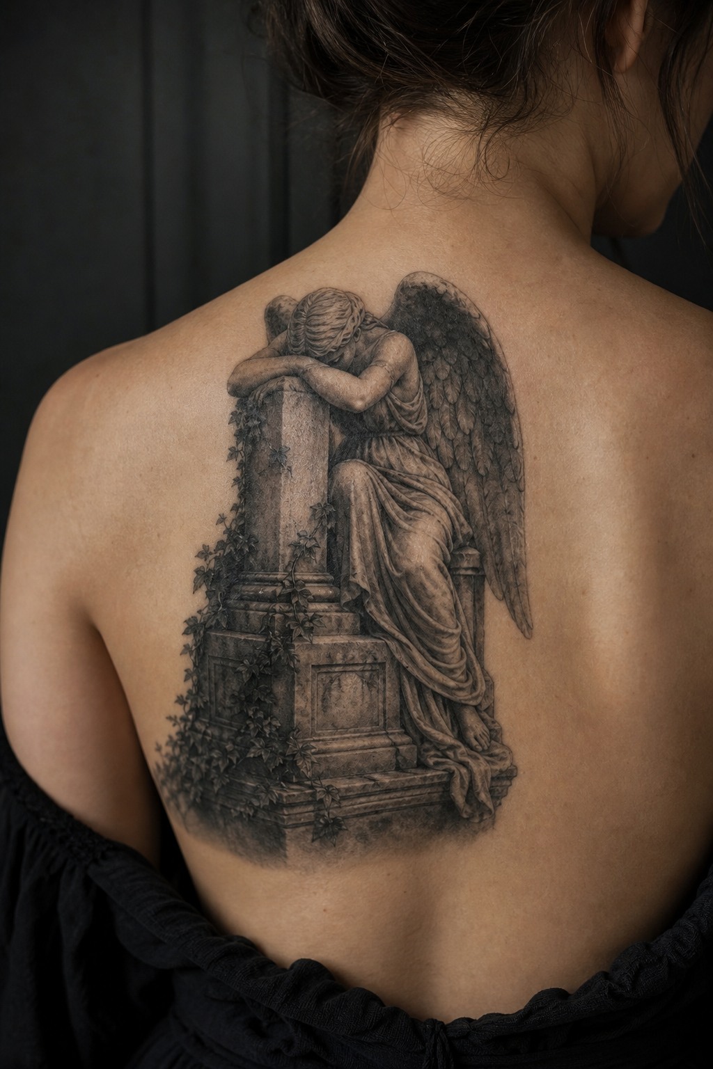 Weeping monument angel shoulder blade tattoo