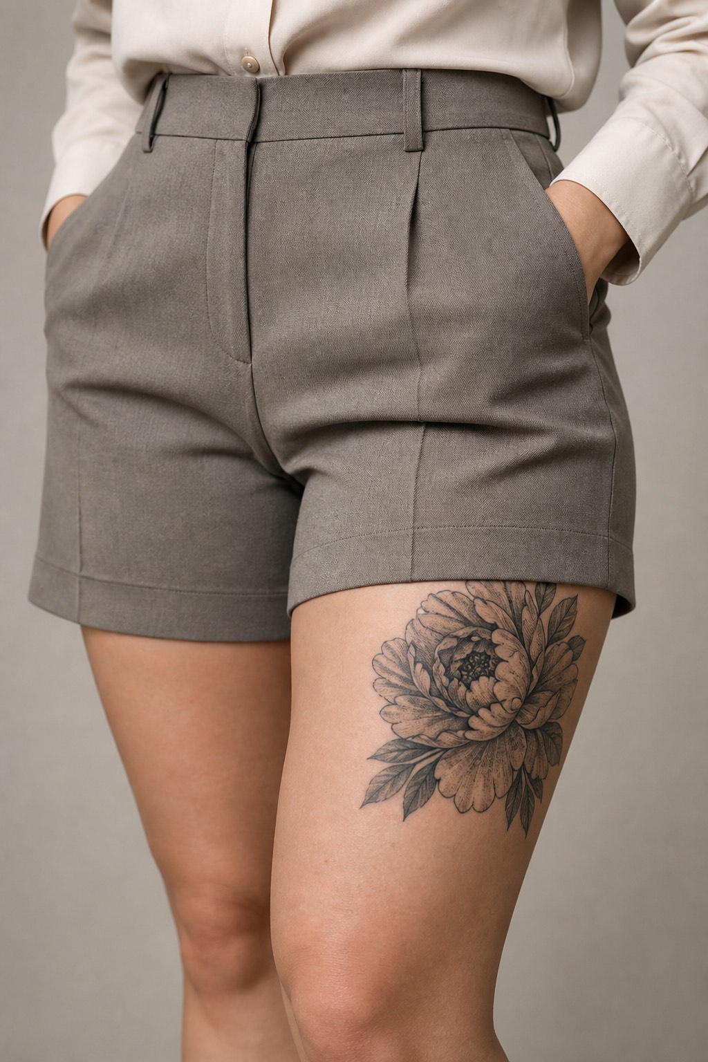 Black and grey peony thigh piece tattoo for women