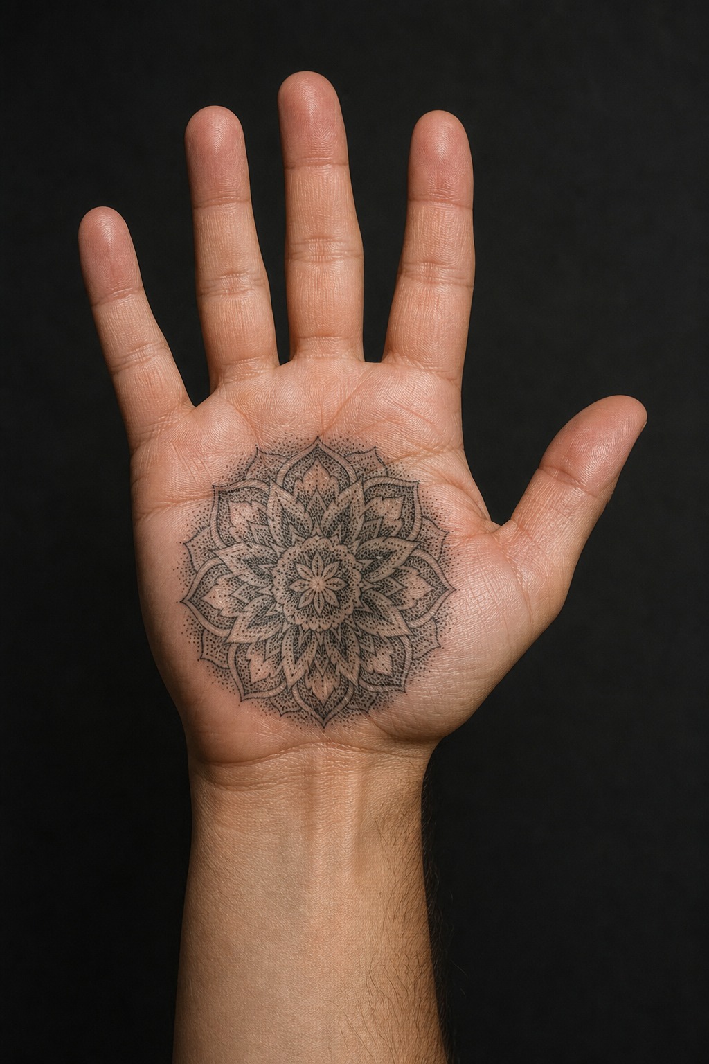 Dotwork mandala palm centerpiece tattoo