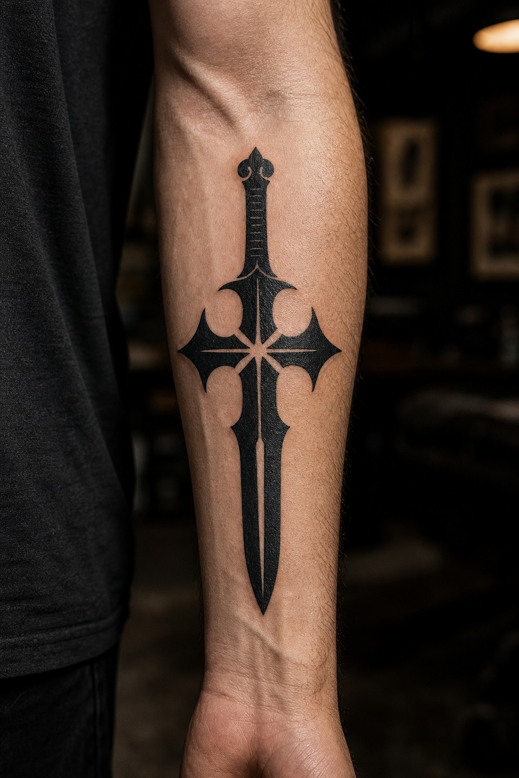 High contrast blackwork dagger gothic cross tattoo