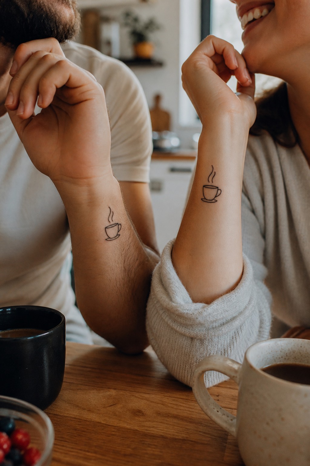 Matching coffee cup line art cute couple tattoos