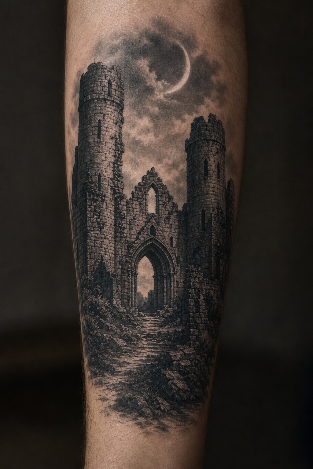 Medieval gothic castle ruin forearm tattoo