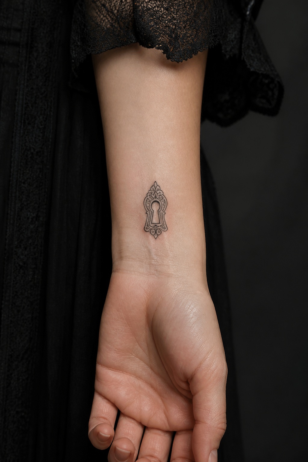 Micro Victorian keyhole inner wrist tattoo