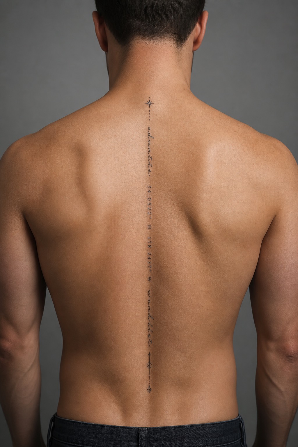 Spine script coordinate tattoo for men
