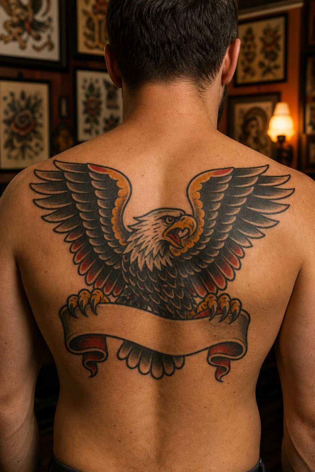 American traditional eagle back tattoo for men