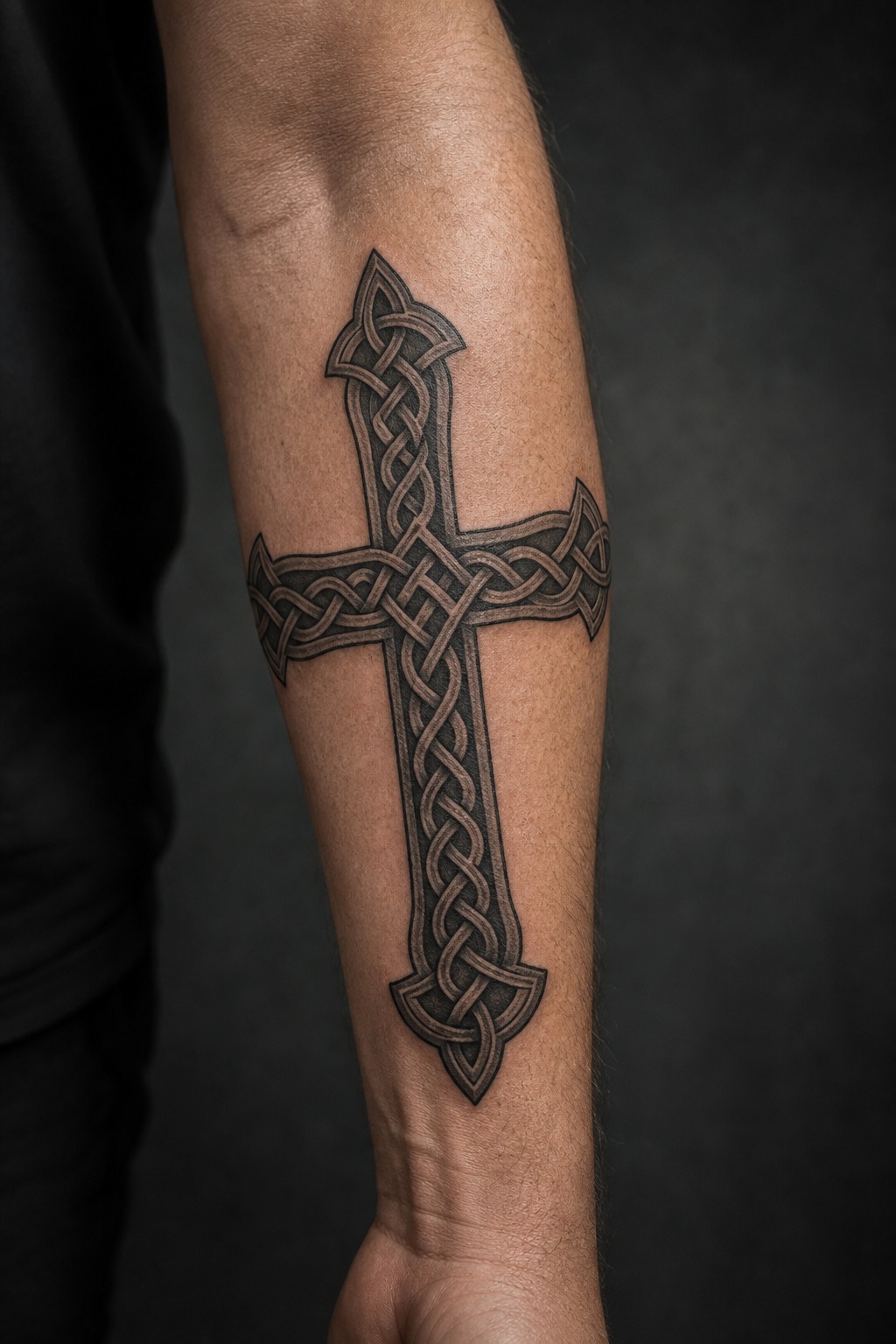 Celtic knotwork gothic cross forearm tattoo