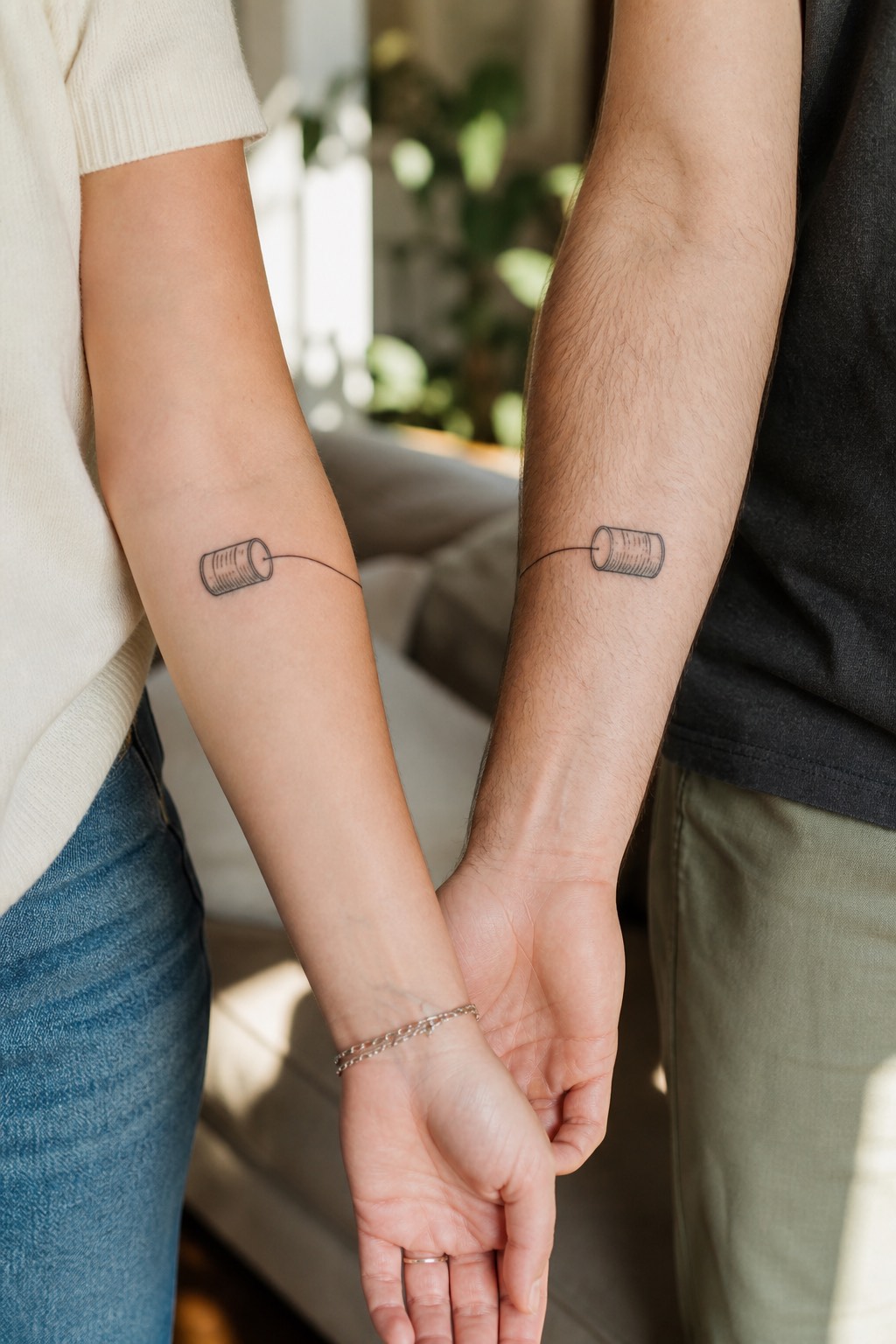 Interconnected string telephone forearm couple tattoos