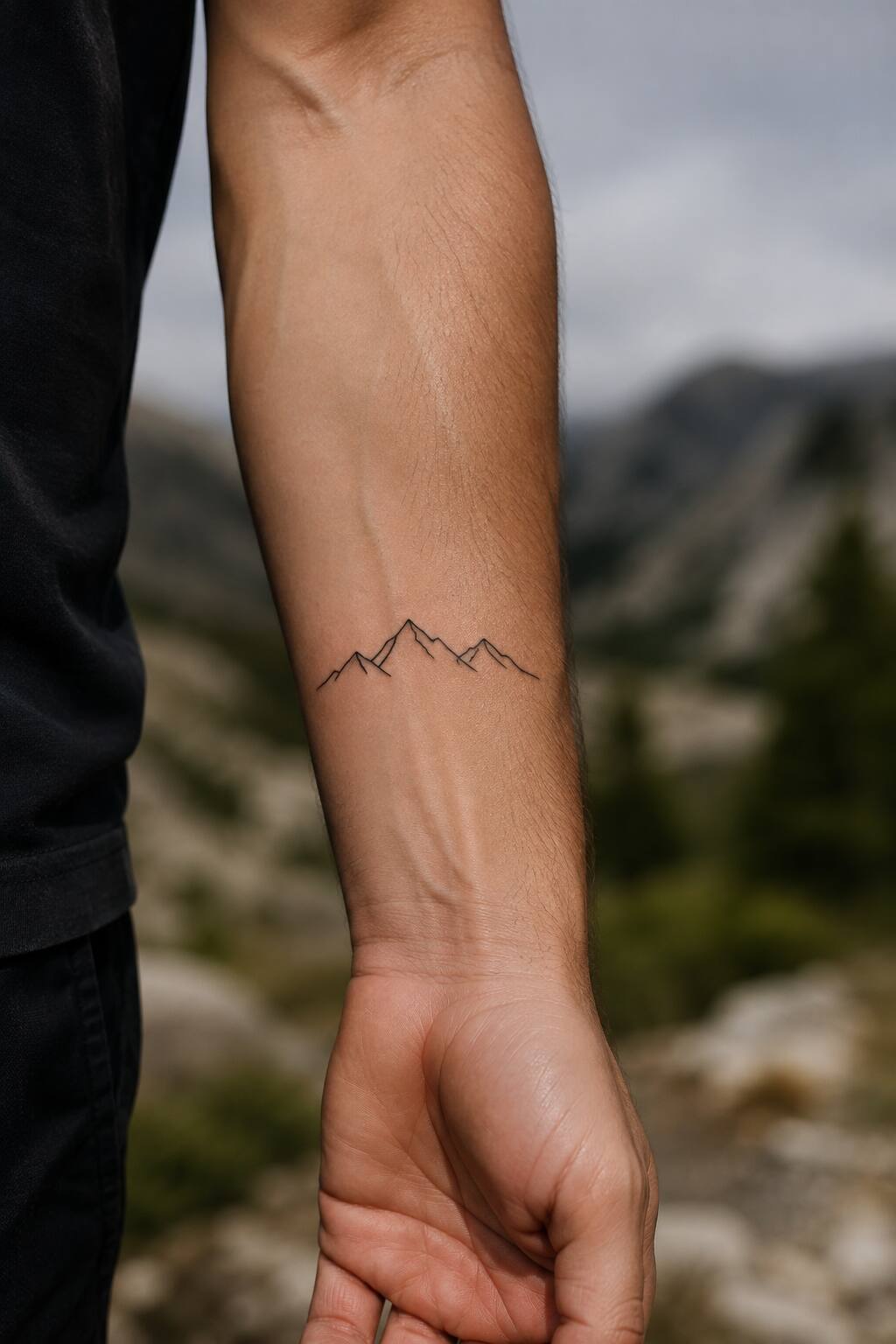Single line mountain peak outline forearm tattoo for men