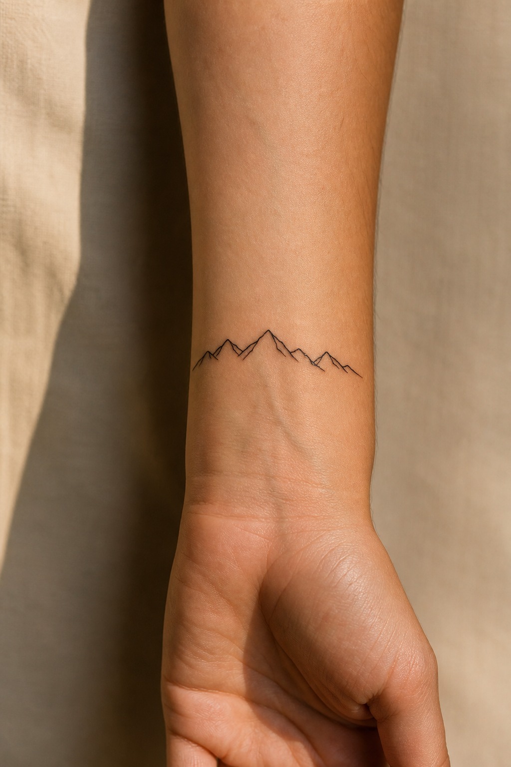 Single line mountain range outline forearm tattoo