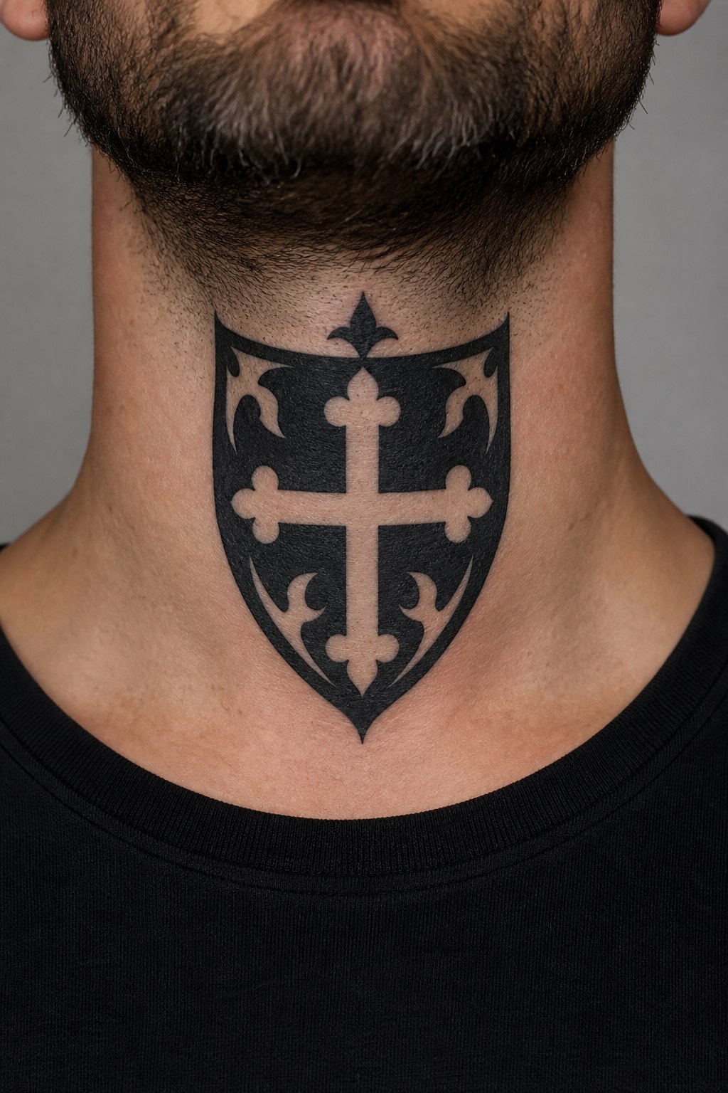 Throat centerpiece gothic heraldic crest tattoo for men