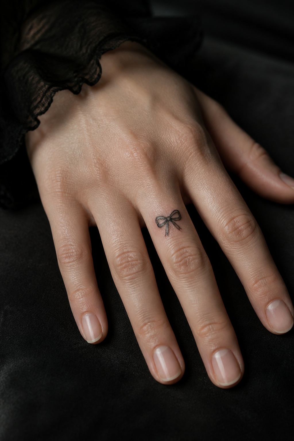 Micro black velvet bow finger joint tattoo