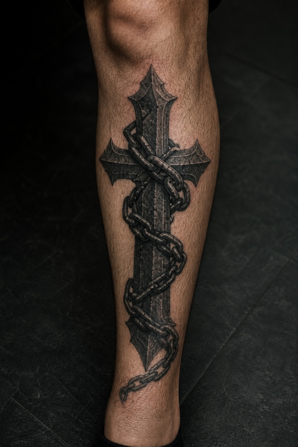 Iron chain wrapped gothic cross shin tattoo