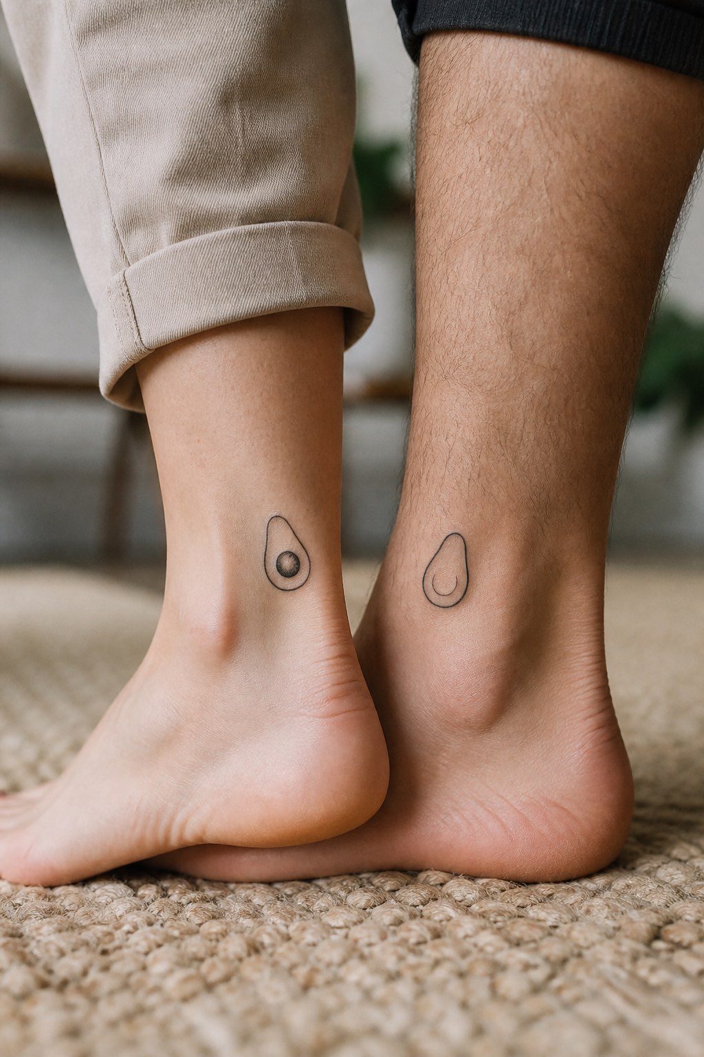 Matching avocado half line art cute couple tattoos