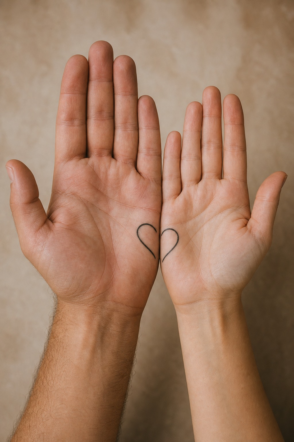 Matching half heart inner palm line tattoos